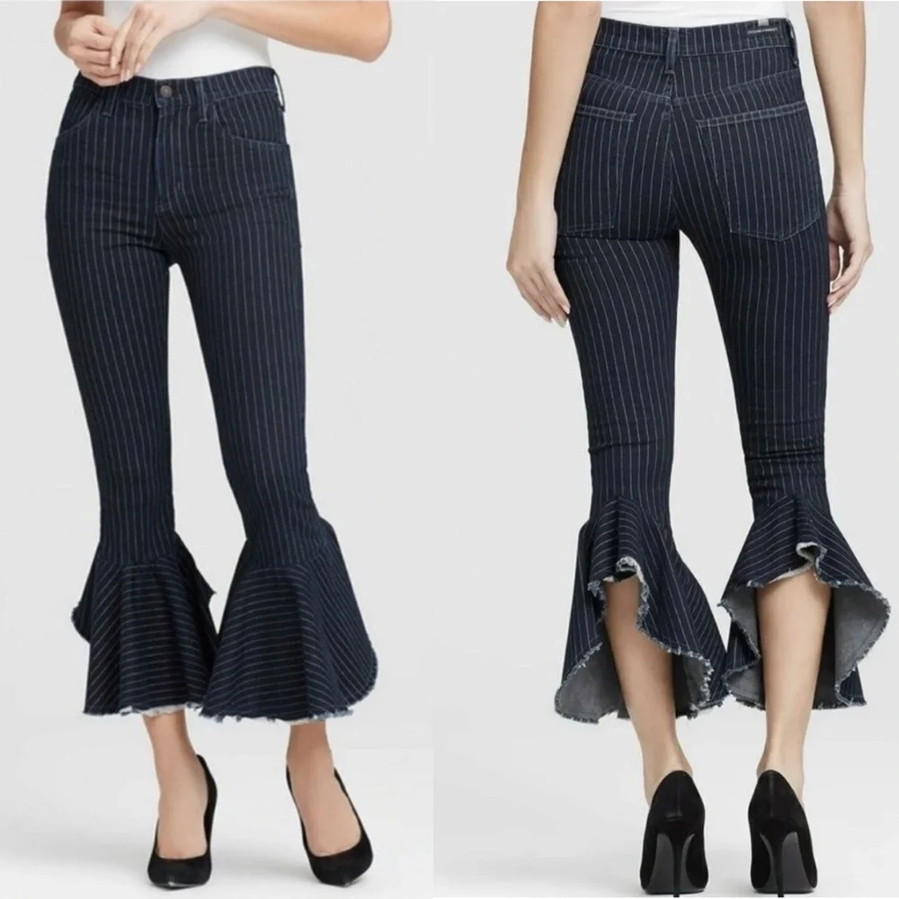 Citizen Of Humanity Drew Flounce High Rise Jeans Blue Pinstripe‎ Flare Size 24